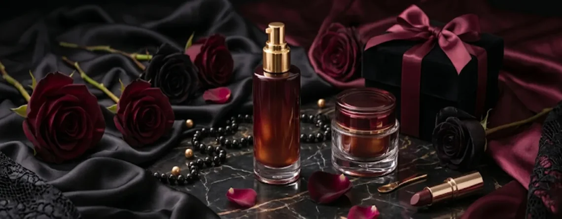 Lubricante premium y aceite de masaje en una elegante mesa de mármol negro con rosas rojas oscuras y accesorios dorados.