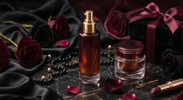 Lubricante premium y aceite de masaje en una elegante mesa de mármol negro con rosas rojas oscuras y accesorios dorados.