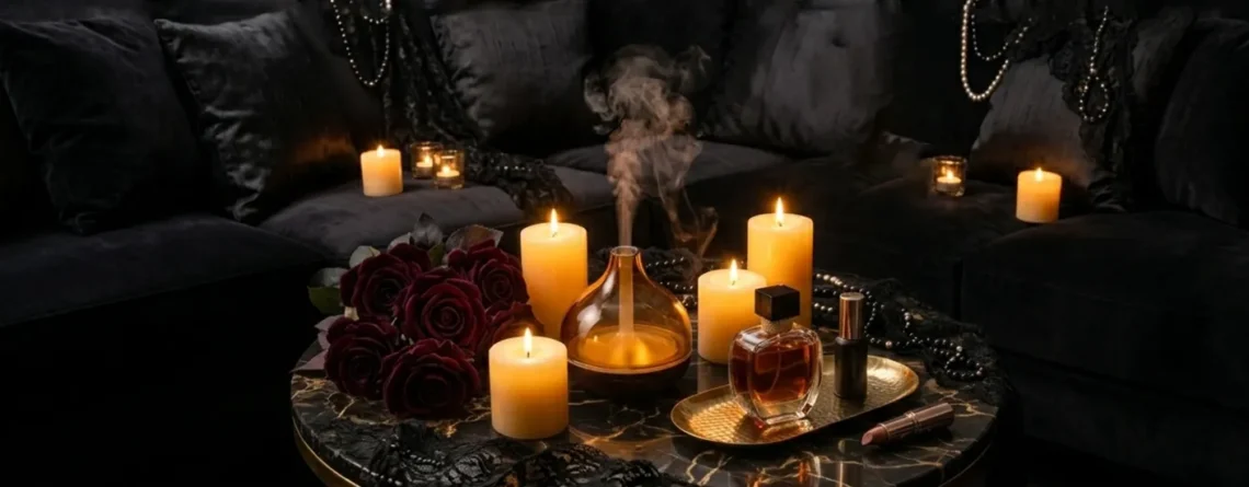 Iluminación ambiental romántica con velas encendidas, difusor de esencias, rosas rojas oscuras y textiles negros de lujo.