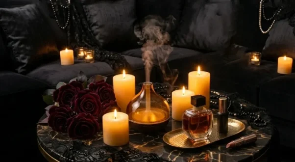 Iluminación ambiental romántica con velas encendidas, difusor de esencias, rosas rojas oscuras y textiles negros de lujo.
