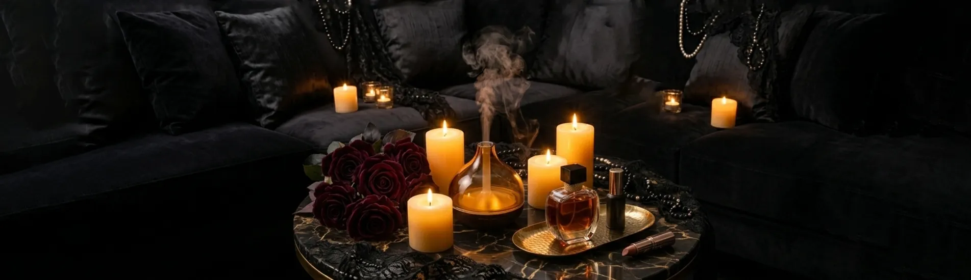 Pareja disfrutando de un ambiente íntimo de pareja con luz cálida indirecta y velas de masaje para crear una atmósfera romántica en casa