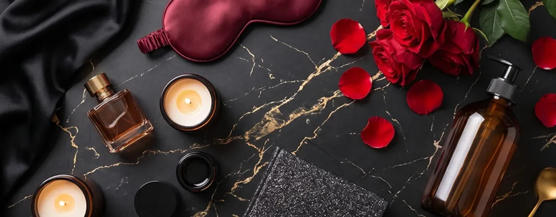 Set de cuidado de piel premium en mármol negro: frasco ámbar, perfume, velas encendidas, antifaz de seda y rosas rojas.
