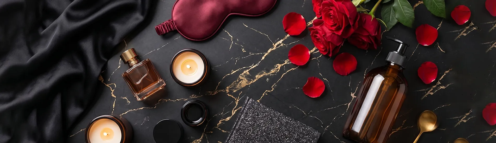 Bodegón de cosmética erótica de lujo con flores y un jarrón de cerámica minimalista