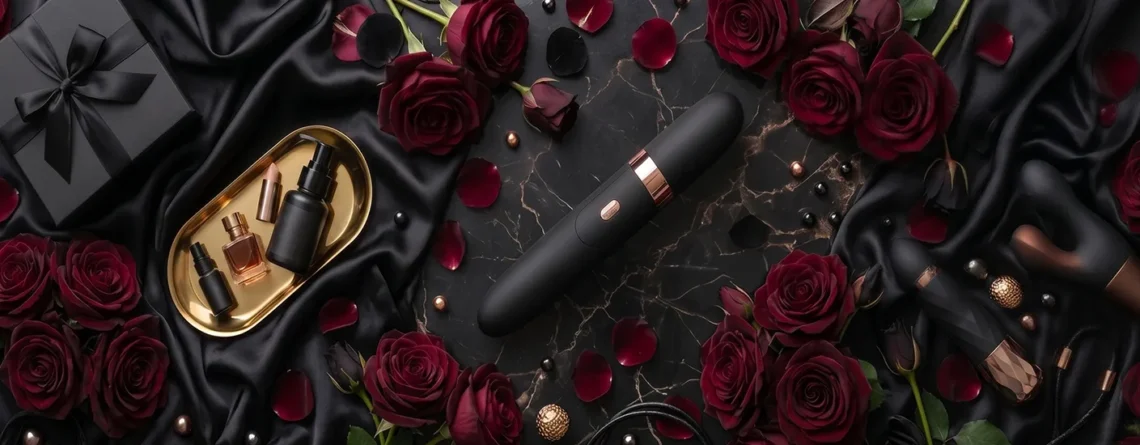 Vibrador premium negro con detalle rosa dorado, sobre mármol oscuro, rodeado de rosas rojas y cajas de regalo de seda.