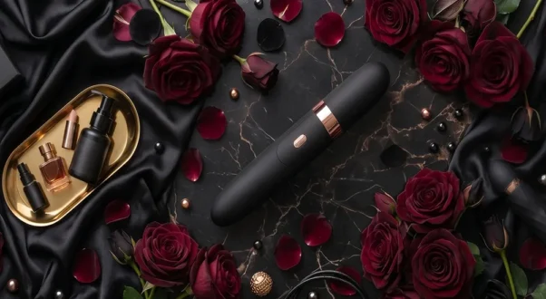Vibrador premium negro con detalle rosa dorado, sobre mármol oscuro, rodeado de rosas rojas y cajas de regalo de seda.
