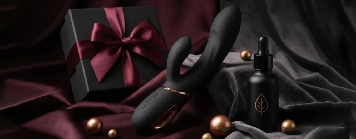 Elegante vibrador conejo negro junto a una caja de regalo y aceite íntimo sobre telas de seda burdeos y gris.