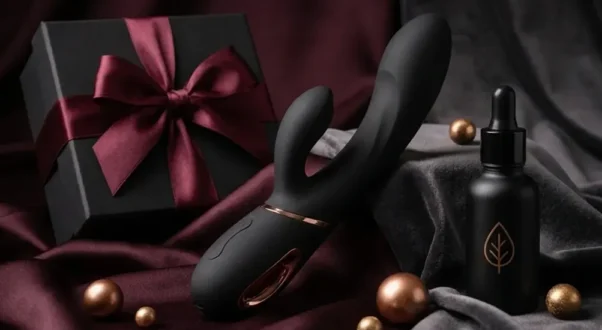 Elegante vibrador conejo negro junto a una caja de regalo y aceite íntimo sobre telas de seda burdeos y gris.